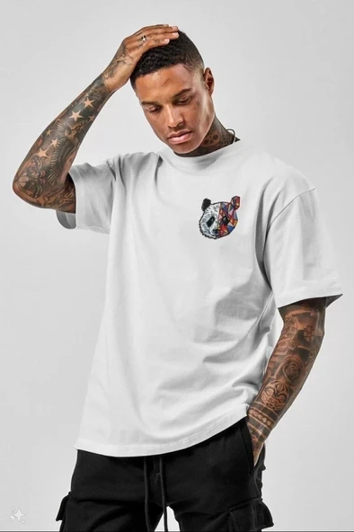 Unisex Baskılı Oversize T-Shirt - Beyaz ürün görseli
