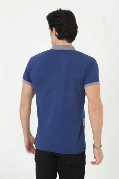 Erkek Yakalı Slim Fit Baskılı T-Shirt - Mavi - Resim 2