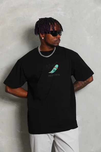 Unisex Oversize Baskılı Bisiklet Yaka T-Shirt - Siyah ürün görseli