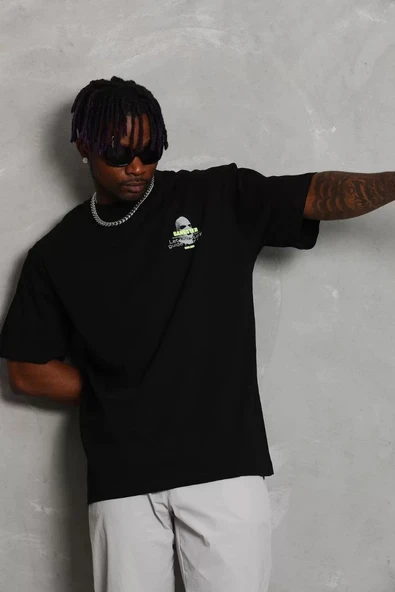 Unisex Oversize Baskılı Bisiklet Yaka T-Shirt - Siyah - Resim 2