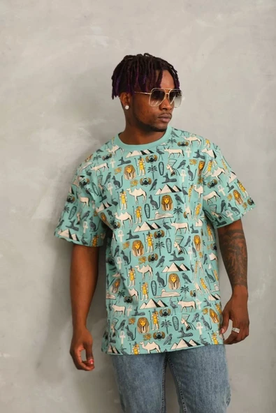 Unisex Oversize Baskılı Bisiklet Yaka T-Shirt - Mint Yeşili ürün görseli