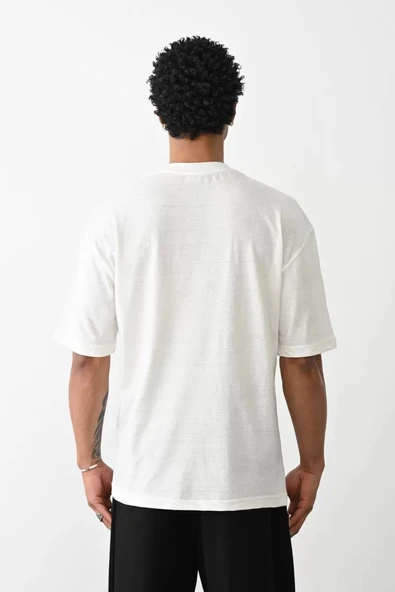Unisex Baskılı Oversize T-Shirt - Beyaz - Resim 4