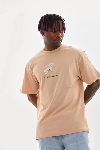 Unisex Baskılı Oversize T-Shirt - Bej - Resim 6