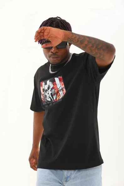 Unisex Oversize Baskılı Bisiklet Yaka T-Shirt - Siyah - Resim 3