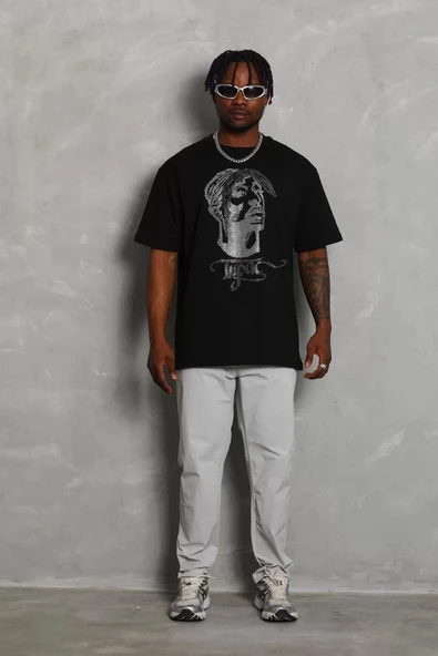 Unisex Oversize Taşlı Bisiklet Yaka T-Shirt - Siyah - Resim 5