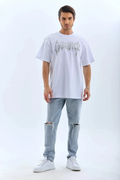 Unisex Oversize Taşlı Bisiklet Yaka T-Shirt - Beyaz ürün görseli