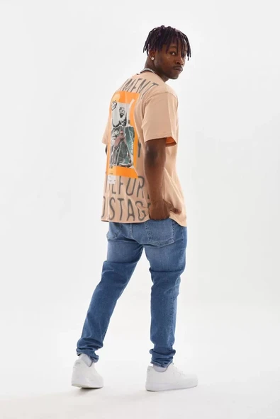 Unisex Baskılı Oversize T-Shirt - Bej - Resim 5