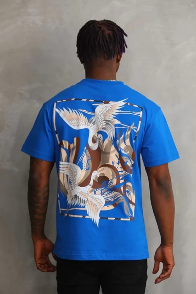 Unisex Baskılı Oversize T-Shirt - Mavi - Resim 2