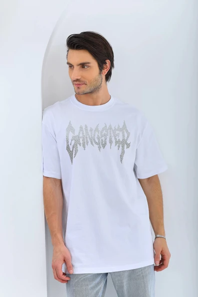 Unisex Oversize Taşlı Bisiklet Yaka T-Shirt - Beyaz - Resim 6