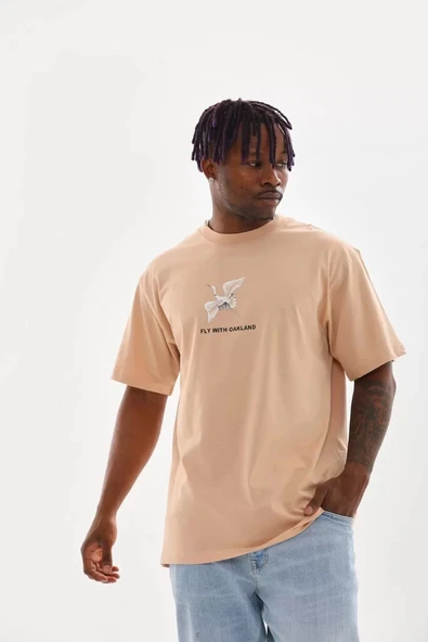 Unisex Baskılı Oversize T-Shirt - Bej - Resim 5