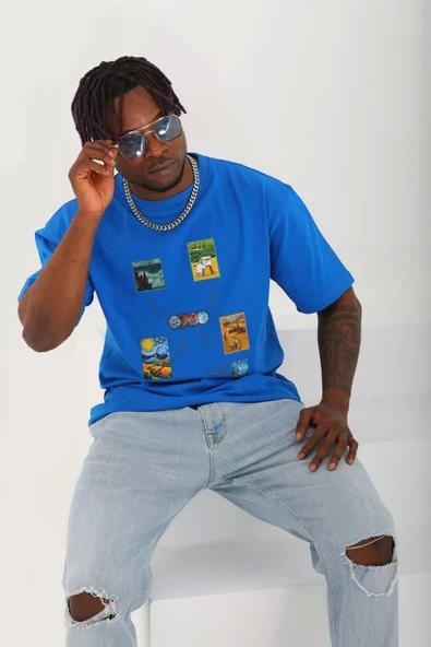 Unisex Oversize Baskılı Bisiklet Yaka T-Shirt - Mavi - 3