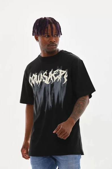 Unisex Baskılı Oversize T-Shirt - Siyah - Resim 6