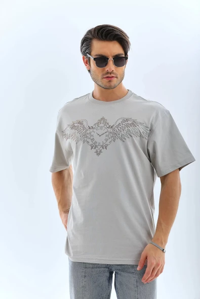 Unisex Oversize Taşlı Bisiklet Yaka T-Shirt - Gri - Resim 5