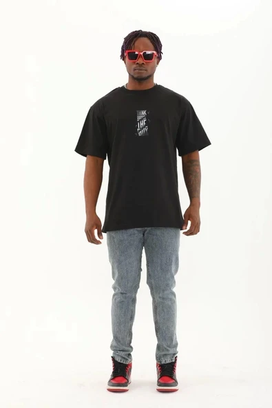 Unisex Oversize Baskılı Bisiklet Yaka T-Shirt - Siyah - Resim 4