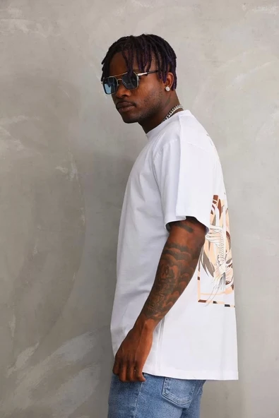 Unisex Baskılı Oversize T-Shirt - Beyaz - Resim 5