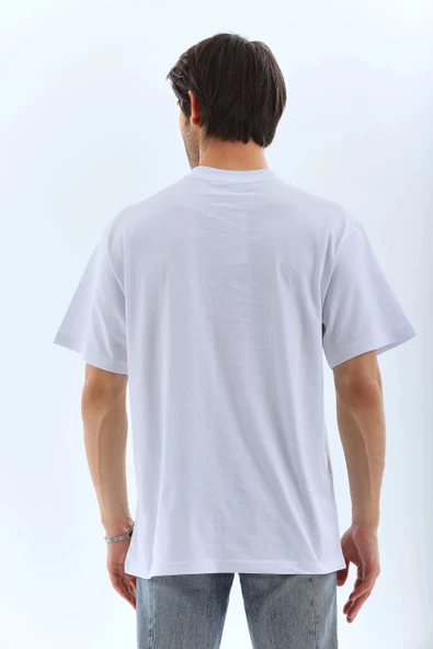 Unisex Oversize Taşlı Bisiklet Yaka T-Shirt - Beyaz - Resim 2