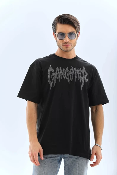 Unisex Oversize Taşlı Bisiklet Yaka T-Shirt - Siyah ürün görseli