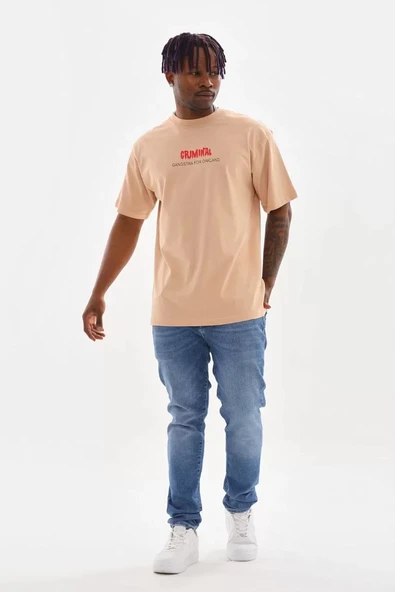 Unisex Baskılı Oversize T-Shirt - Bej - Resim 5