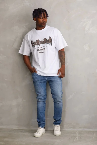 Unisex Baskılı Oversize T-Shirt - Beyaz - 4