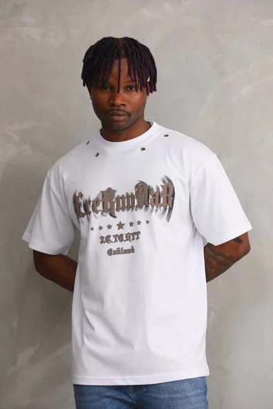 Unisex Kuşgözü Detaylı Baskılı Oversize T-Shirt - Beyaz - Resim 2