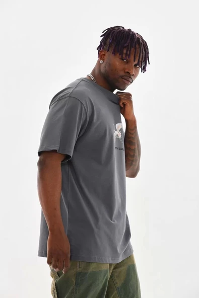 Unisex Baskılı Oversize T-Shirt - Füme - 6
