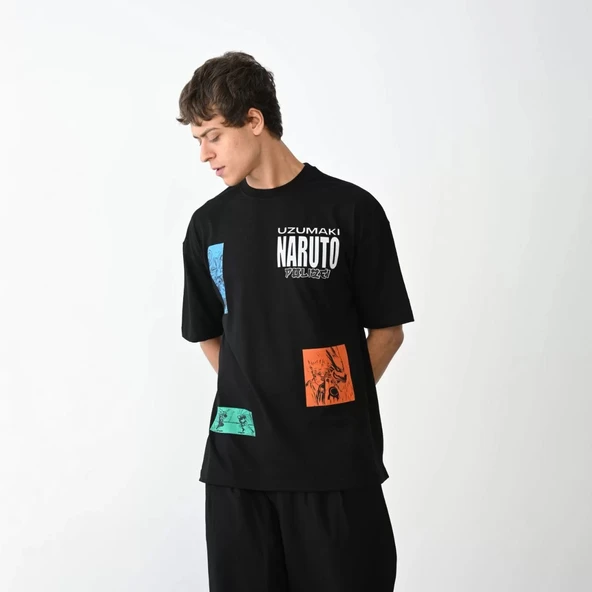 Unisex Bisiklet Yaka Baskılı Oversize T-Shirt - Siyah - Resim 3