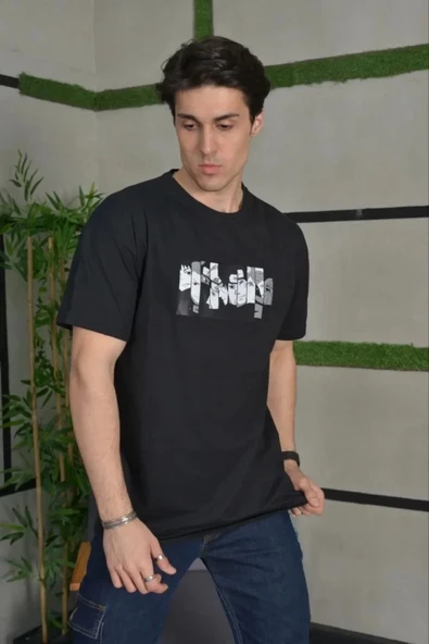 Unisex Bisiklet Yaka Baskılı Oversize T-Shirt - Siyah - Resim 2