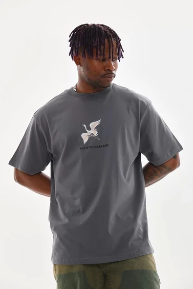 Unisex Baskılı Oversize T-Shirt - Füme - 1