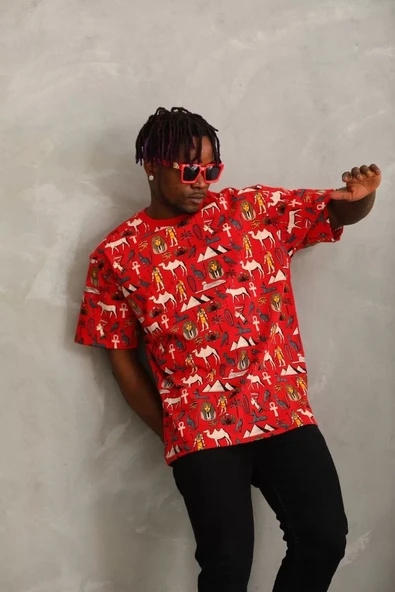 Unisex Oversize Baskılı Bisiklet Yaka T-Shirt - Kırmızı - Resim 5