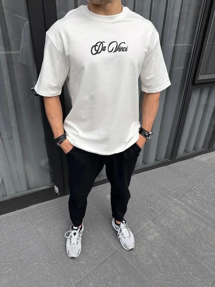 Unisex Baskılı Oversize T-Shirt - Beyaz - Resim 3