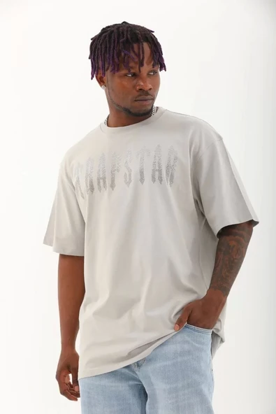 Unisex Oversize Taşlı Bisiklet Yaka T-Shirt - Gri ürün görseli