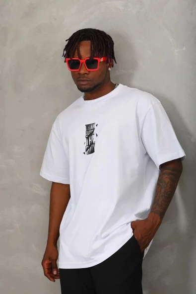 Unisex Oversize Baskılı Bisiklet Yaka T-Shirt - Beyaz - 2