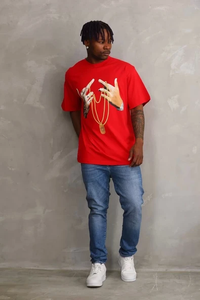 Unisex Baskılı Oversize T-Shirt - Kırmızı - Resim 4