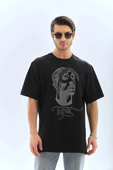 Unisex Oversize Taşlı Bisiklet Yaka T-Shirt - Siyah - Resim 5