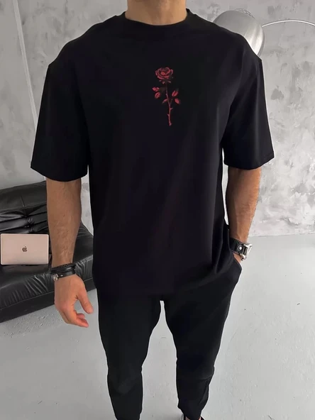 Unisex Bisiklet Yaka Baskılı Oversize T-Shirt - Siyah ürün görseli