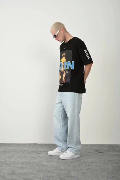 Unisex Baskılı Bisiklet Yaka Oversize T-Shirt - Siyah ürün görseli