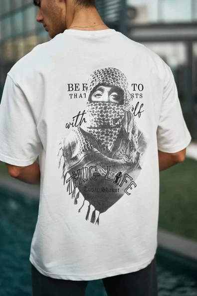 Unisex Baskılı Oversize T-Shirt - Beyaz - Resim 6