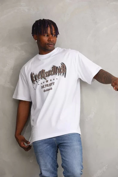 Unisex Baskılı Oversize T-Shirt - Beyaz - 1
