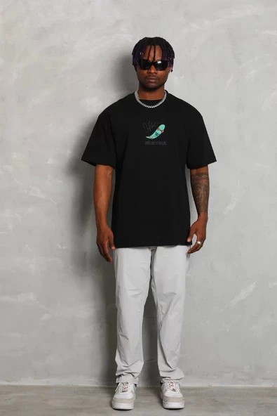 Unisex Oversize Baskılı Bisiklet Yaka T-Shirt - Siyah - Resim 3