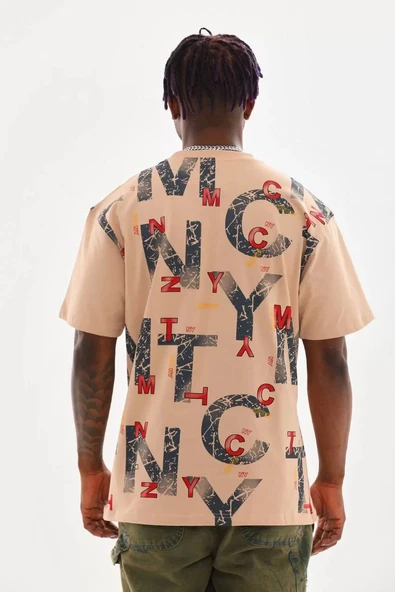 Unisex Baskılı Oversize T-Shirt - Bej - Resim 2