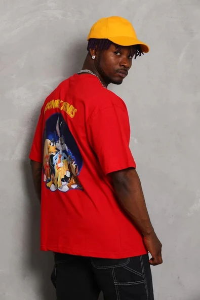 Unisex Oversize Baskılı Bisiklet Yaka T-Shirt - Kırmızı - Resim 2