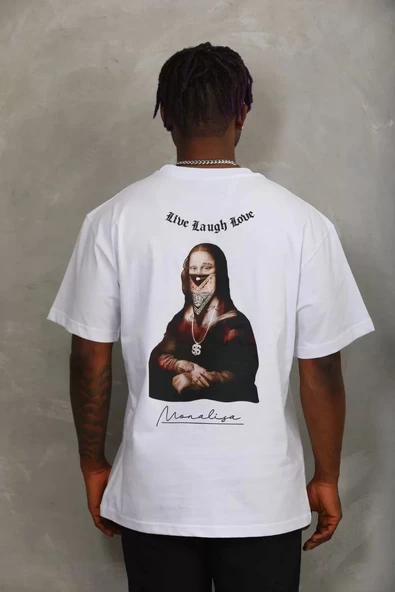 Unisex Oversize Baskılı Bisiklet Yaka T-Shirt - Beyaz - 5
