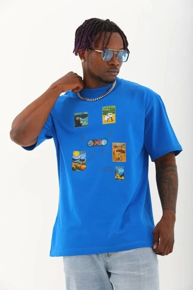 Unisex Oversize Baskılı Bisiklet Yaka T-Shirt - Mavi - 1