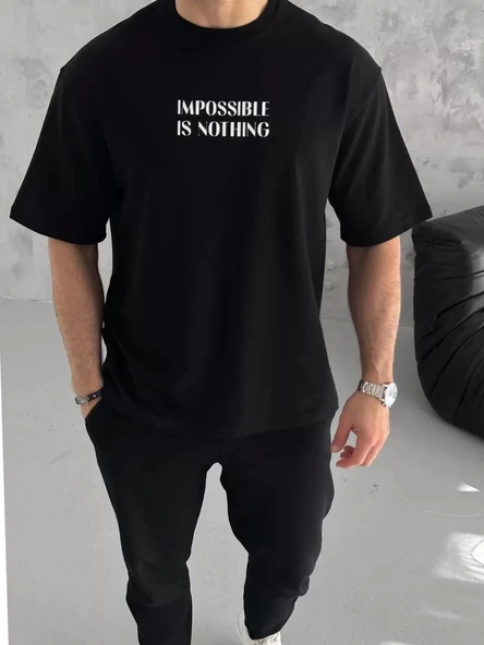 Unisex Bisiklet Yaka Baskılı Oversize T-Shirt - Siyah - 1