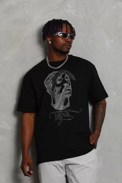 Unisex Oversize Taşlı Bisiklet Yaka T-Shirt - Siyah - Resim 4