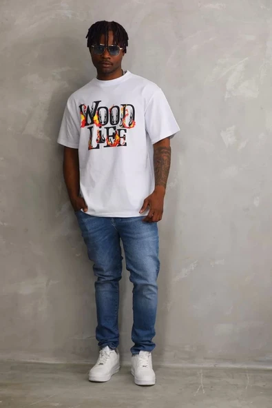Unisex Baskılı Oversize T-Shirt - Beyaz - 6