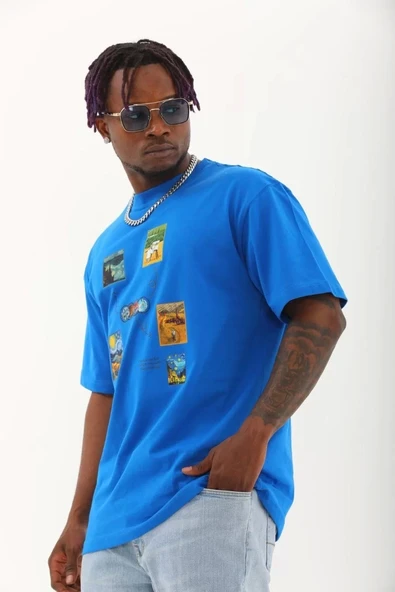 Unisex Oversize Baskılı Bisiklet Yaka T-Shirt - Mavi - 2
