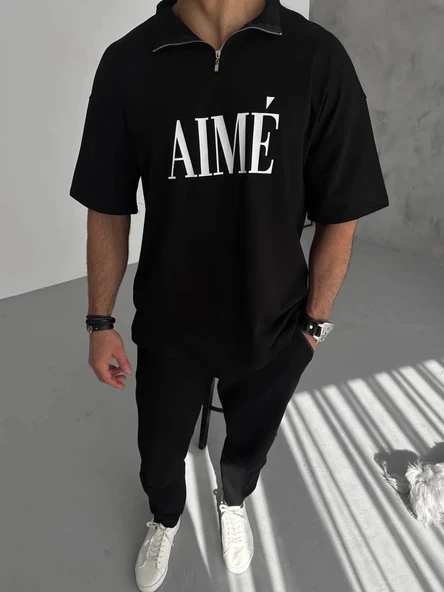 Unisex Yarım Fermuarlı Baskılı T-Shirt - Siyah ürün görseli