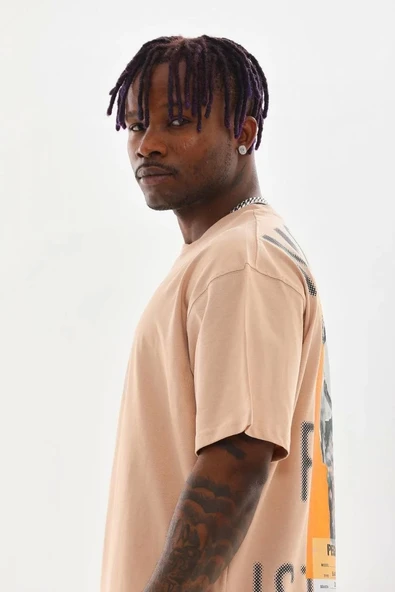 Unisex Baskılı Oversize T-Shirt - Bej - Resim 4