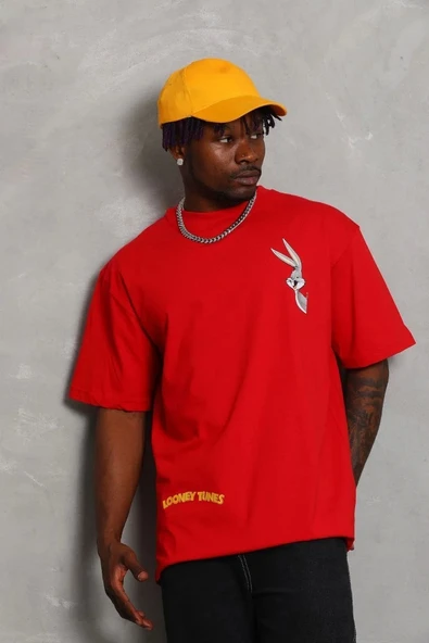 Unisex Oversize Baskılı Bisiklet Yaka T-Shirt - Kırmızı ürün görseli